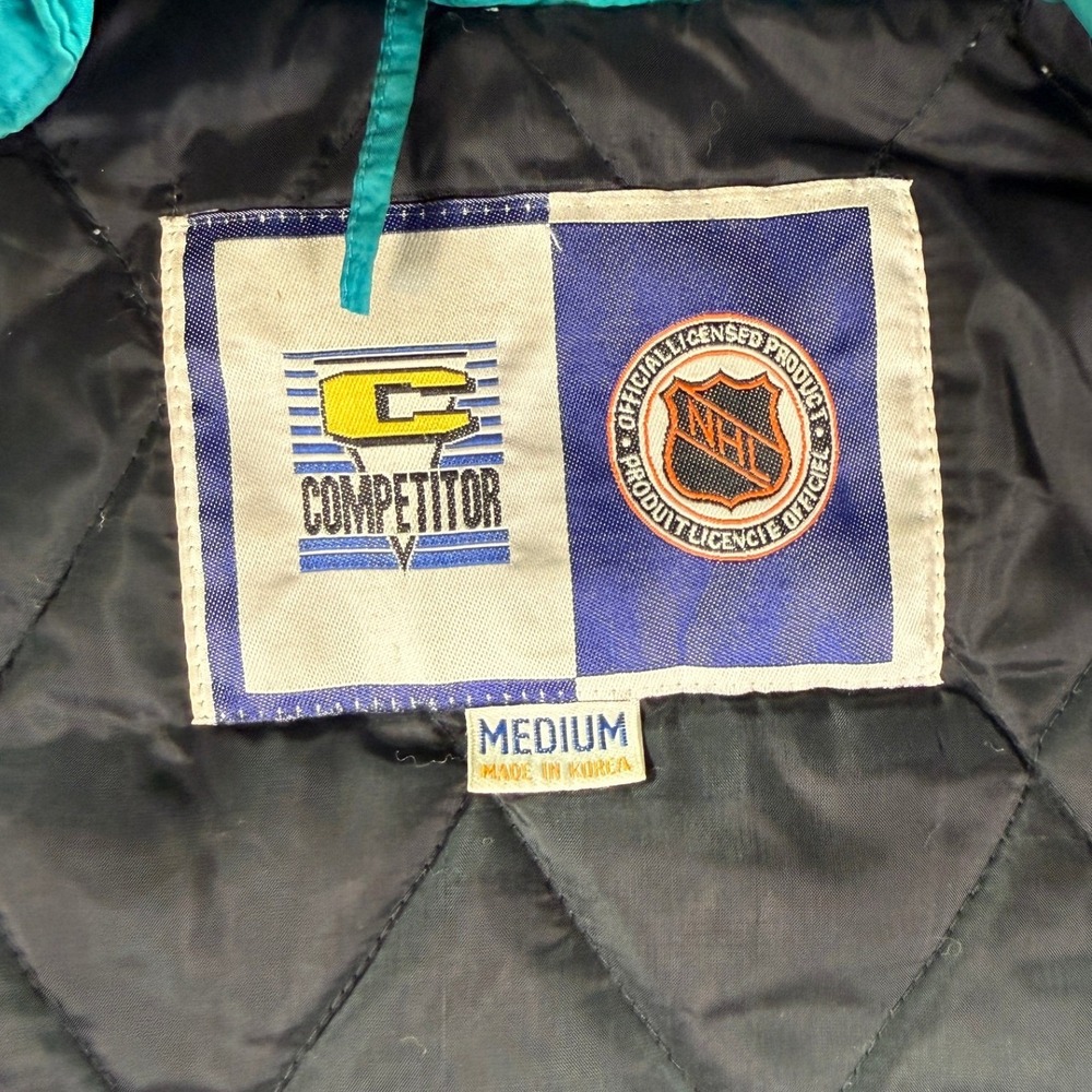 Vintage San Jose Sharks Jacket Mens Medium Teal Competitor 90s NHL Puffer Hooded - Picture 11 of 14